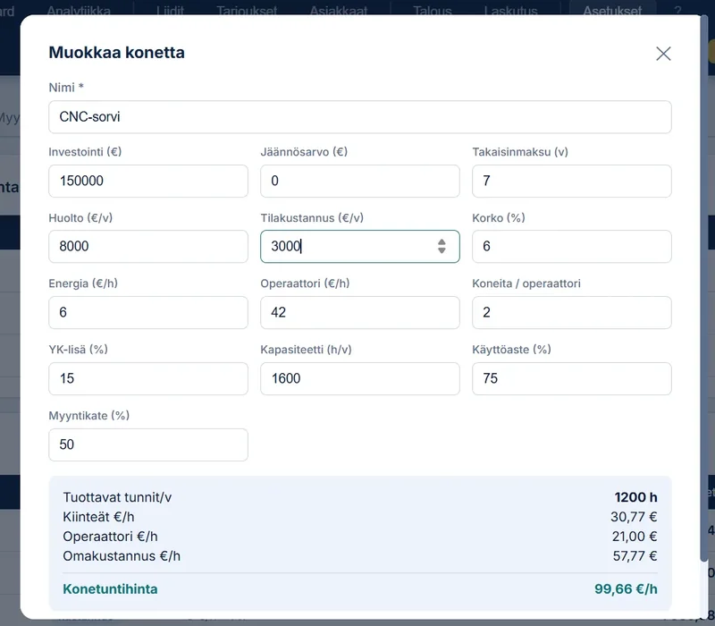 Cinterim konetuntihinnan laskenta tarjouslaskennan pohjaksi